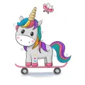 Kulatý jedlý obrázek na dort – Jednorožec, Unicorn: Na růžovém skateboardu (bílá, růžová, duhová)