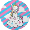 Kulatý jedlý obrázek na dort – Jednorožec, Unicorn: Sedící na spícím obláčku (růžová, tyrkysová, bílá)