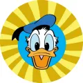 Kulatý jedlý obrázek na dort – Kačer Donald, hlava a žluté paprsky (žlutá, modrá, bílá)