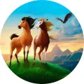 Kulatý jedlý obrázek na dort – Kůň, Spirit (modrá, hnědá, zelená)