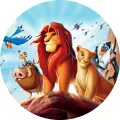 Kulatý jedlý obrázek na dort – Lví král, Simba, Nala a ptáci na modrém nebi (žlutá, červená, modrá)