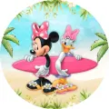 Kulatý jedlý obrázek na dort – Minnie a Daisy, na pláži se surfem (růžová, tyrkysová, žlutá)
