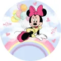 Kulatý jedlý obrázek na dort – Minnie, na duze s pastelovými balónky (růžová, modrá, žlutá)