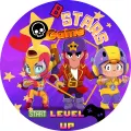 Kulatý jedlý obrázek na dort – Brawl Stars, bojovníci a nápis START (fialová, žlutá, červená)