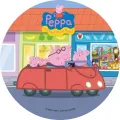 Kulatý jedlý obrázek na dort – Prasátko Peppa, rodina v červeném autě (červená, modrá, růžová)