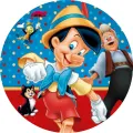 Kulatý jedlý obrázek na dort – Pinocchio, Geppetto, cvrček a kotě Figaro (modrá, červená, žlutá)