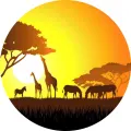 Kulatý jedlý obrázek na dort – Safari, západ slunce (žlutá, černá, hnědá)