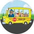 Kulatý jedlý obrázek na dort – Školní autobus (žlutá, modrá, zelená)