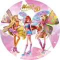 Kulatý jedlý obrázek na dort – Winx, Bloom, Stella a Flora ve 3D (růžová, modrá, fialová)