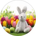 Kulatý jedlý obrázek na dort – Velikonoční zajíček, bílý králíček s tulipány (bílá, zelená, žlutá)