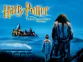 Obdélníkový jedlý obrázek na dort – Harry Potter, Harry s Hagridem před hradem (modrá, černá, zlatá)
