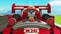 Obdélníkový jedlý obrázek na dort – Paw Patrol, Marshall v závodním autě č. 3 (červená, modrá, bílá)