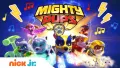 Obdélníkový jedlý obrázek na dort – Paw Patrol, Mighty Pups s blesky a notami (modrá, žlutá, červená)
