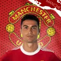 Obdélníkový jedlý obrázek na dort – Ronaldo, Manchester United v dresu se znakem (červená, žlutá, bílá)