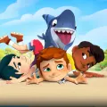 Obdélníkový jedlý obrázek na dort – Sharkdog, s dětmi pod modrou oblohou (modrá, hnědá, červená)