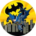 Kulatý jedlý obrázek na dort – Batman, letící na žlutém pozadí (žlutá, černá, modrá)