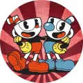 Kulatý jedlý obrázek na dort – Cuphead, Cuphead a Mugman, vínové paprsky (červená, modrá, bílá)