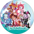 Kulatý jedlý obrázek na dort – Enchantimals, parta s tyrkysovým nápisem (růžová, tyrkysová, fialová)