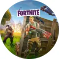 Kulatý jedlý obrázek na dort – Fortnite, Jonesy s krumpáčem a Battle Bus (zelená, modrá, hnědá)