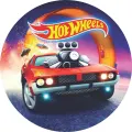 Kulatý jedlý obrázek na dort – Hot Wheels, Červený závoďák před smyčkou (červená, modrá, žlutá)