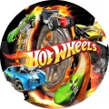 Kulatý jedlý obrázek na dort – Hot Wheels, Čtyři autíčka u ohnivého kola (červená, žlutá, modrá)