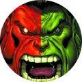 Kulatý jedlý obrázek na dort – Hulk, půlená tvář se zeleným a Red Hulkem (červená, zelená, černá)