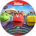 Kulatý jedlý obrázek na dort – Chuggington, Wilson v čele s Koko a Brewsterem (červená, modrá, žlutá)