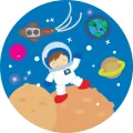 Kulatý jedlý obrázek na dort – Kosmonaut, Vesmír (modrá, žlutá, bílá)