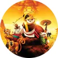 Kulatý jedlý obrázek na dort – Kung Fu Panda, Po v klobouku a rohatý padouch (žlutá, červená, hnědá)