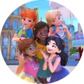 Kulatý jedlý obrázek na dort – Lego Friends, Pět kamarádek a město v pozadí (modrá, růžová, žlutá)