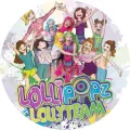 Kulatý jedlý obrázek na dort – Lollipopz, nápis Lollyteam a postavičky (růžová, tyrkysová, fialová)