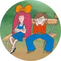 Kulatý jedlý obrázek na dort – Mach a Šebestová, na lavičce v parku (zelená, modrá, růžová)