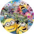 Kulatý jedlý obrázek na dort – Mimoni, zábava v Minion Parku (žlutá, modrá, duhová)