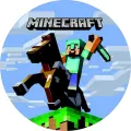 Kulatý jedlý obrázek na dort – Minecraft, Steve v brnění na černém koni (modrá, zelená, černá)