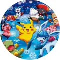 Kulatý jedlý obrázek na dort – Pokémon, Pikachu a přátelé na ledě (modrá, žlutá, bílá)