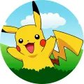 Kulatý jedlý obrázek na dort – Pokémon, Pikachu vykukující z trávy (žlutá, zelená, modrá)