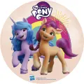 Kulatý jedlý obrázek na dort – Můj malý pony, Sunny a Izzy s logem (fialová, růžová, modrá)