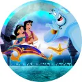 Kulatý jedlý obrázek na dort – Princezna Jasmína, Aladin (modrá, tyrkysová, zlatá)