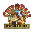 Kulatý jedlý obrázek na dort – Rychlá rota, Chip a Dale s nápisy v kruhu (hnědá, červená, žlutá)