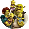 Kulatý jedlý obrázek na dort – Shrek, Shrek, Fiona a trojčátka (zelená, bílá, hnědá)