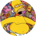 Kulatý jedlý obrázek na dort – Simpsonovi, Homer ve slipech a záplava jídla (žlutá, růžová, hnědá)