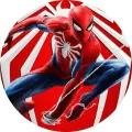 Kulatý jedlý obrázek na dort – Spiderman, skok na červenobílém pozadí (červená, modrá, bílá)
