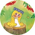 Kulatý jedlý obrázek na dort – Víla Amálka, na pařezu s jeřabinami (zelená, žlutá, modrá)