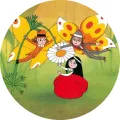 Kulatý jedlý obrázek na dort – Maková panenka u kopretiny se dvěma motýly (žlutá, červená, zelená)