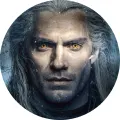 Kulatý jedlý obrázek na dort – Witcher, Zaklínač, Geralt se sněhem a mapou (šedá, černá, žlutá)
