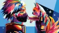 Obdélníkový jedlý obrázek na dort – Anime, pop-art ninja s liškou (modrá, žlutá, černá)