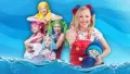 Obdélníkový jedlý obrázek na dort – Lollipopz, skupina a dívka v červených lacláčích (modrá, červená, žlutá)