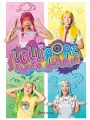 Obdélníkový jedlý obrázek na dort – Lollipopz, čtyři pole, nápis Super zábava (růžová, žlutá, tyrkysová)