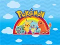 Obdélníkový jedlý obrázek na dort – Pokémon, Pikachu, Charmander a duha (modrá, žlutá, červená)