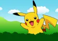 Obdélníkový jedlý obrázek na dort – Pokémon, mávající Pikachu v trávě (žlutá, zelená, modrá)